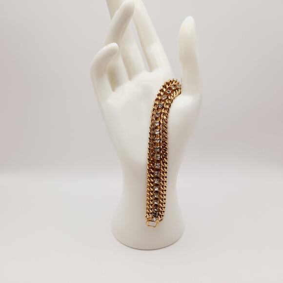 Vintage Wide Three Strand Gold Tone Bracelet - 7 1/4 Inches, Curb Rhinestones - Picture 4 of 10